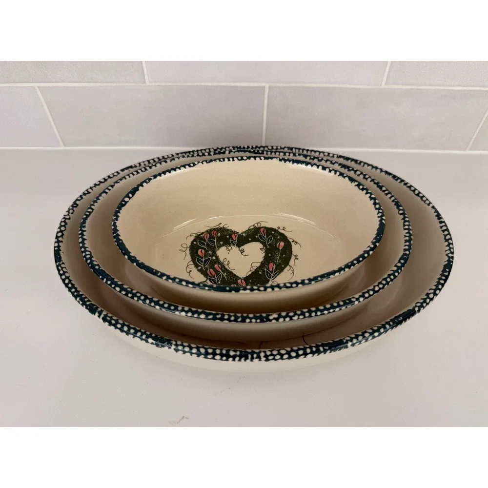 Nesting Bowls Oval Stoneware Heart Tulip Set of 3 Cream Green Country 90s